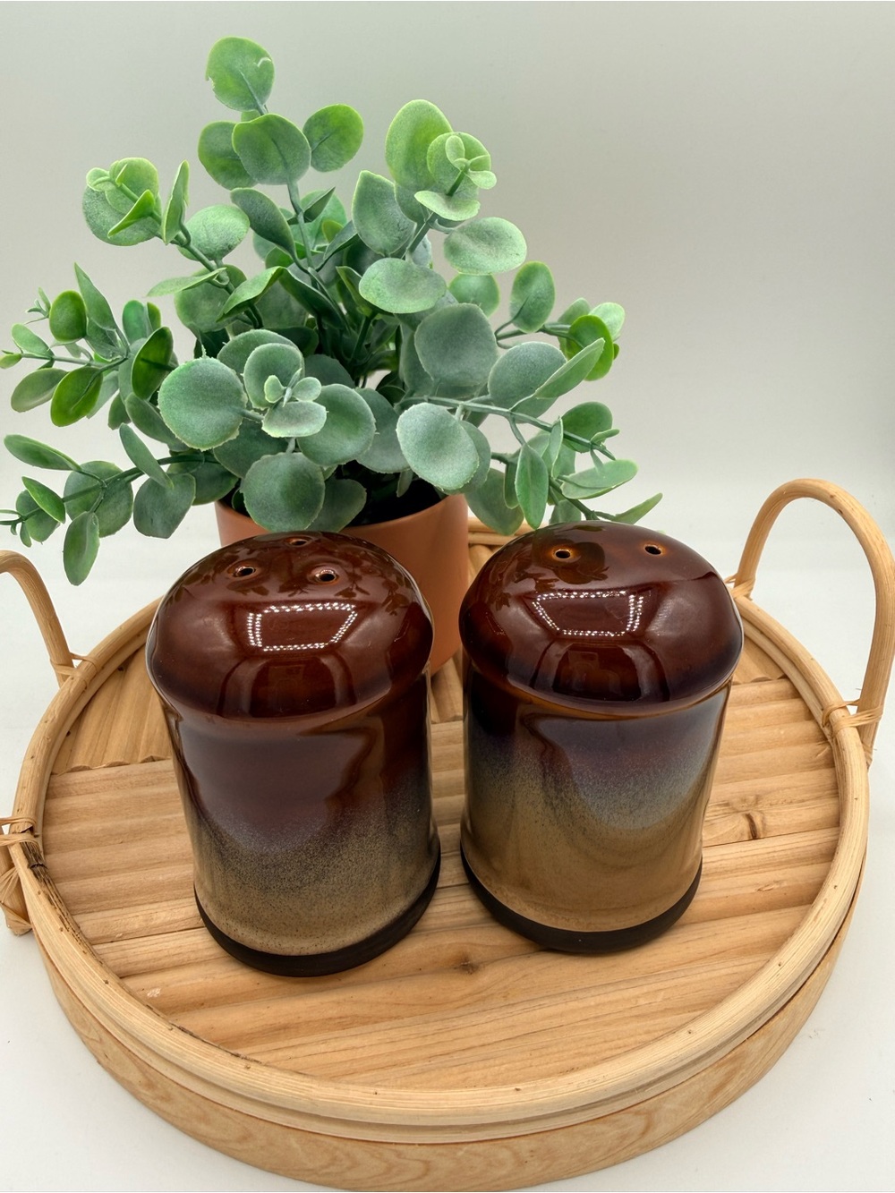 Vintage Sango Nova Brown Salt and Pepper Shakers Stoneware Drip Glaze MCM 4933